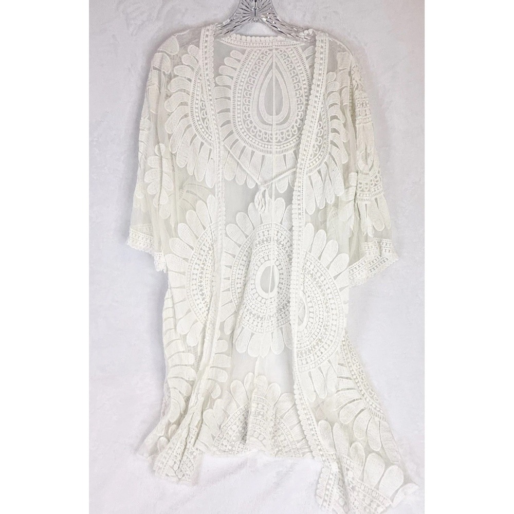 White Lace Kimono Tie Boho Sheer Cotton Embroidered‎ Cover Up Festival Romantic